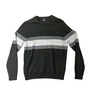 Good Man Revolve Men Large Crew Neck Black Gray Striped 100% Merino Wool Sweater